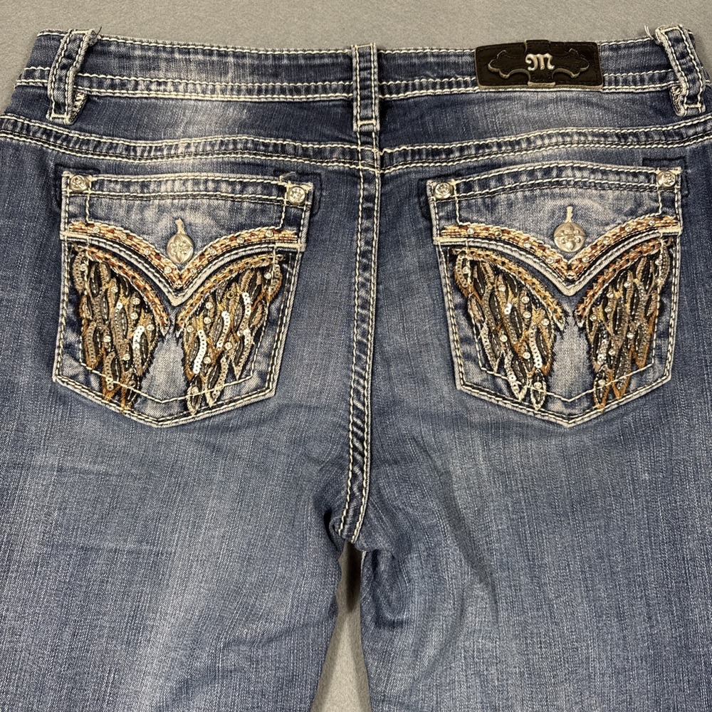 Miss Me Distressed Blue Denim Bootcut Jeans with Embellished Back Pockets